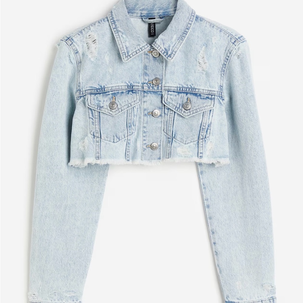 Light Blue Cropped Distressed Denim Jacket